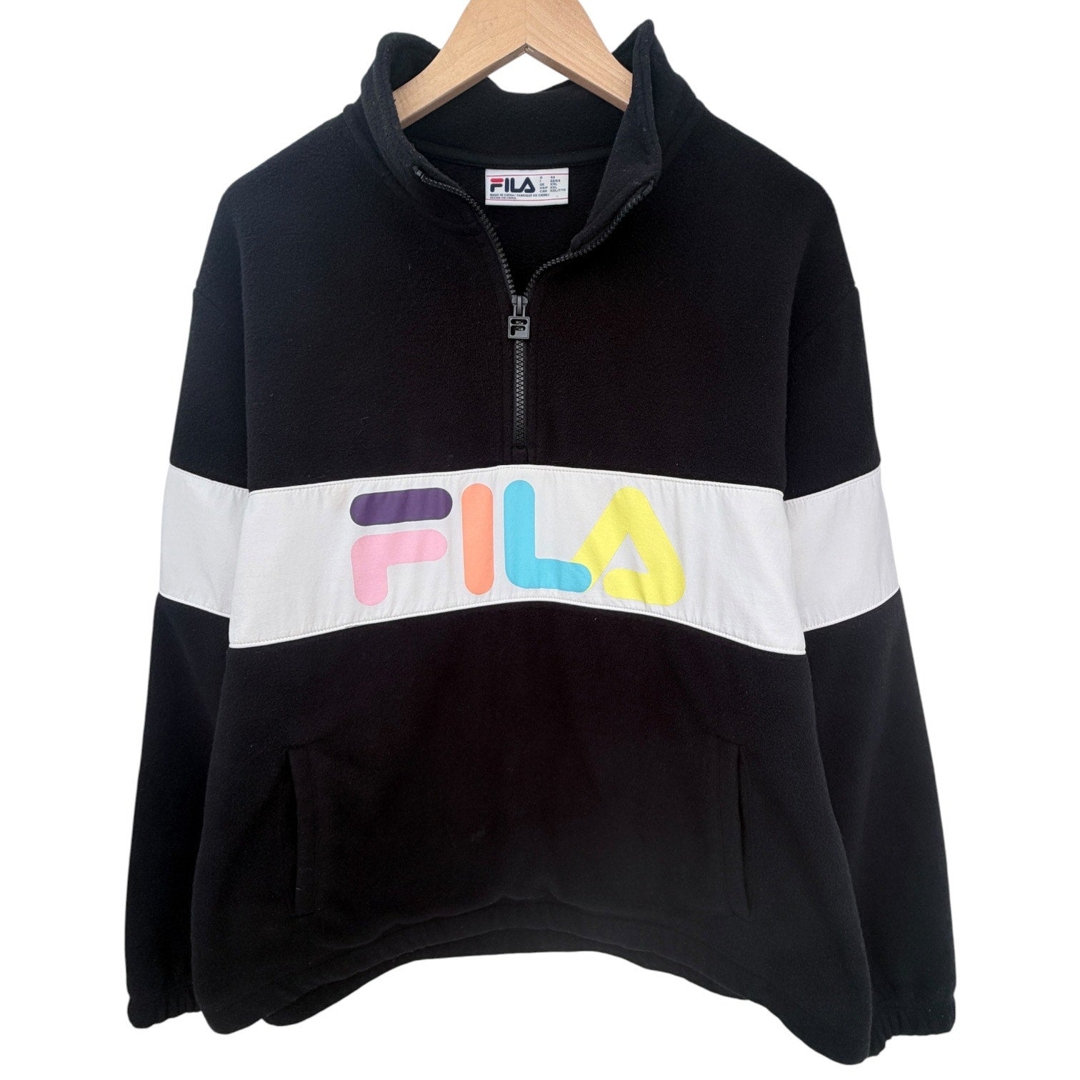 Fila Quarter Zip Fleece Pullover Mens XXL Black Colorblock Spell Out Jacket