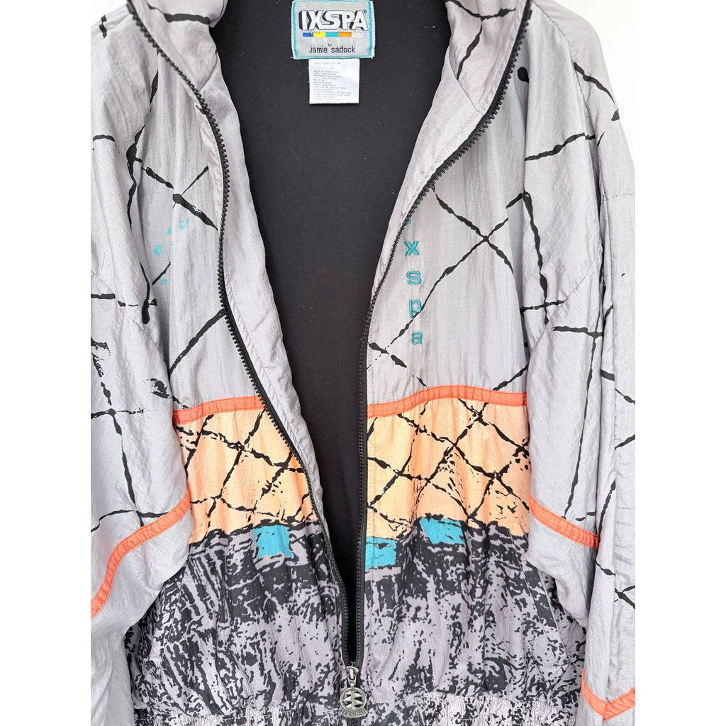 Ixspa Vintage Windbreaker Jacket Mens Large Gray Abstract Full Zip Retro 90s