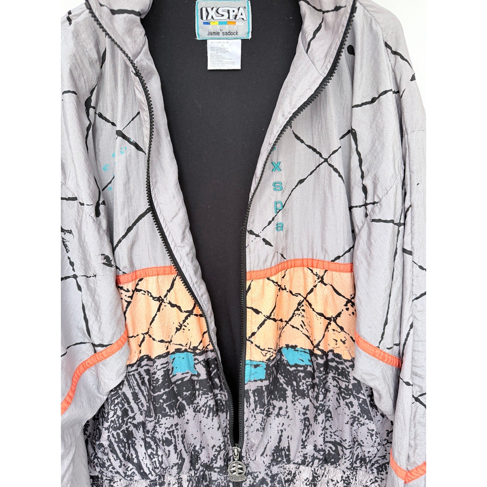 Ixspa Vintage Windbreaker Jacket Mens Large Gray Abstract Full Zip Retro 90s