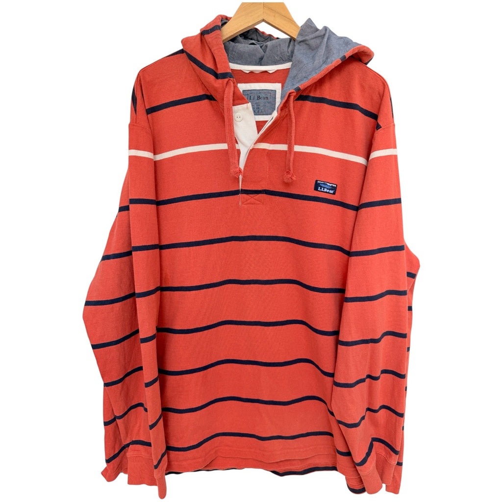 LL Bean Hoodie Mens XL Orange Striped Pullover Rugby Hooded Long Sleeve Casual