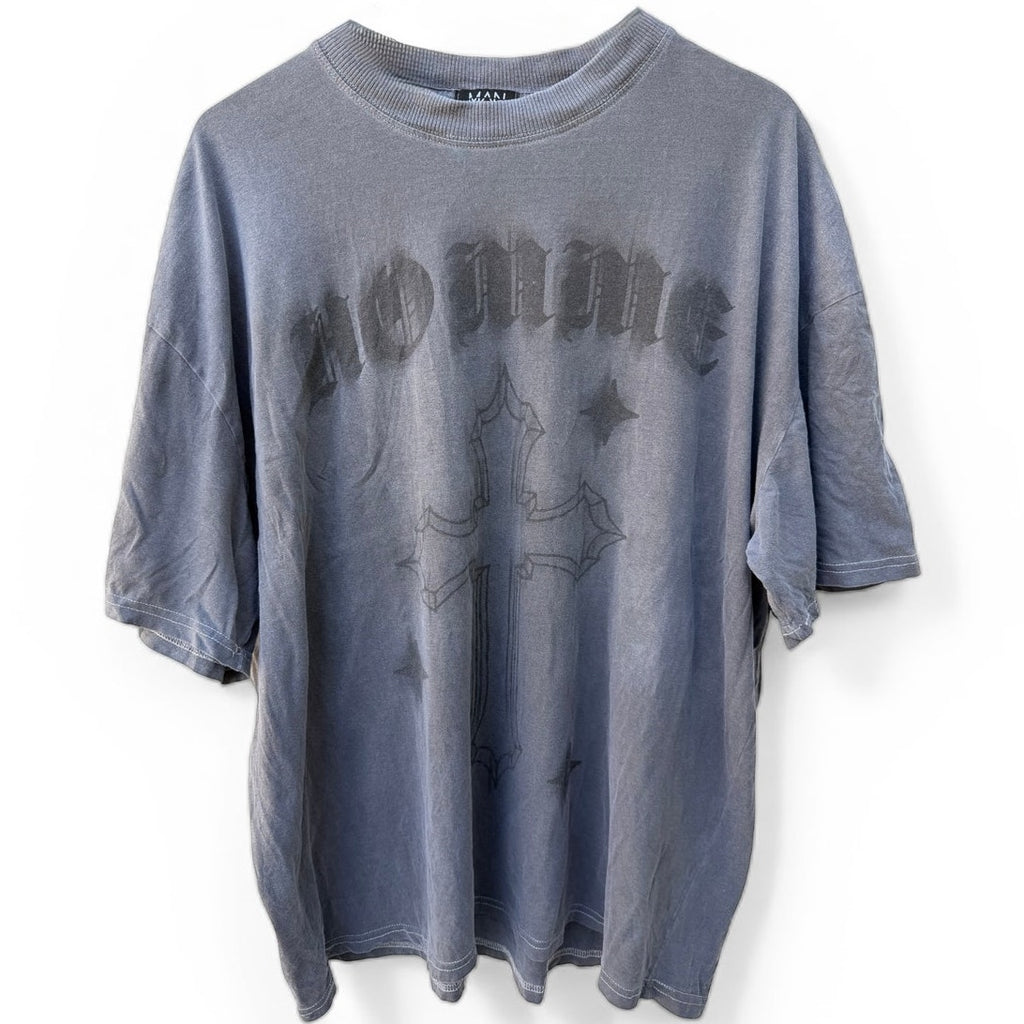 BoohooMAN Oversized T-Shirt Mens 2XL Blue Gothic Graphic Streetwear Tee