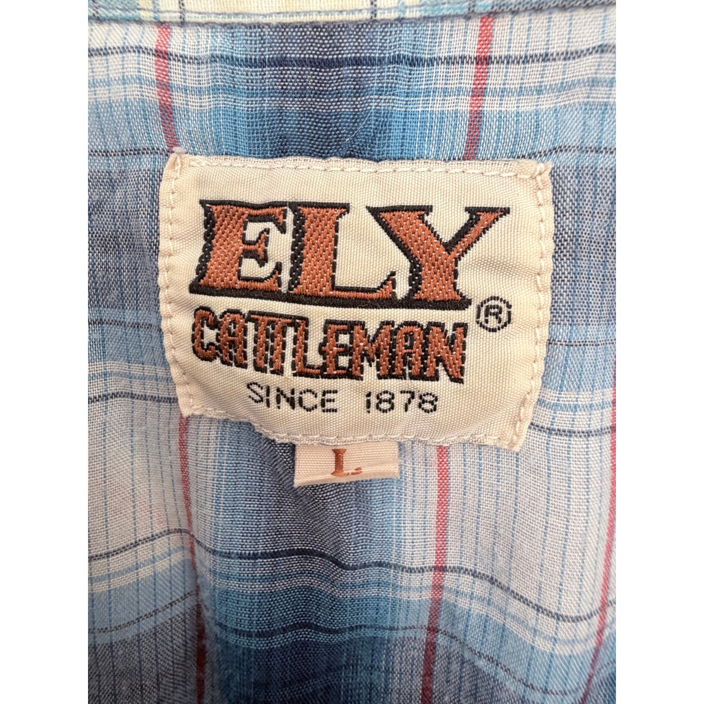 ELY Cattleman Pearl Snap Western Shirt Mens Large Blue Plaid Short Sleeve Cowboy