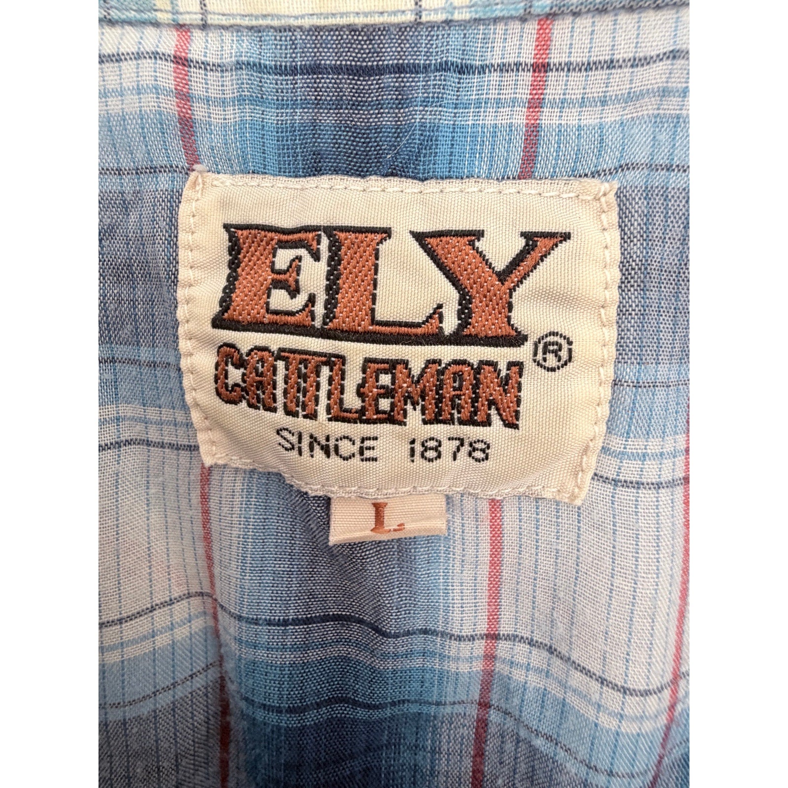 ELY Cattleman Pearl Snap Western Shirt Mens Large Blue Plaid Short Sleeve Cowboy