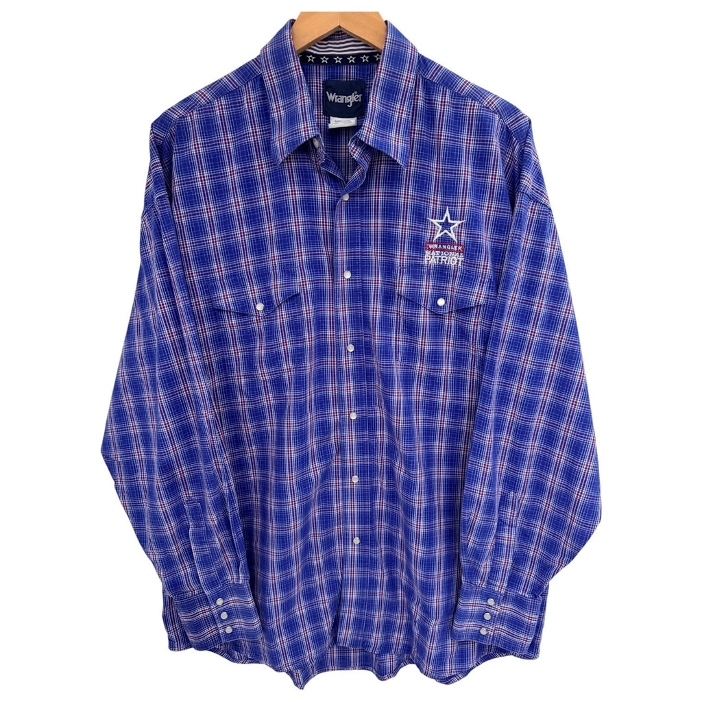 Wrangler National Patriot Western Shirt Mens XL Blue Plaid Pearl Snap