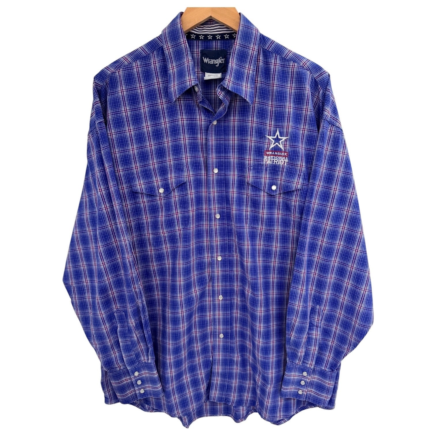 Wrangler National Patriot Western Shirt Mens XL Blue Plaid Pearl Snap