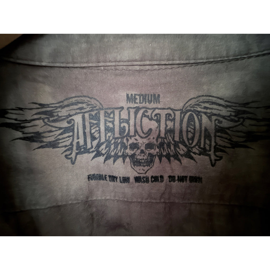 Affliction Mens Button Front Shirt Medium Gray Acid Wash Graphic Long Sleeve USA