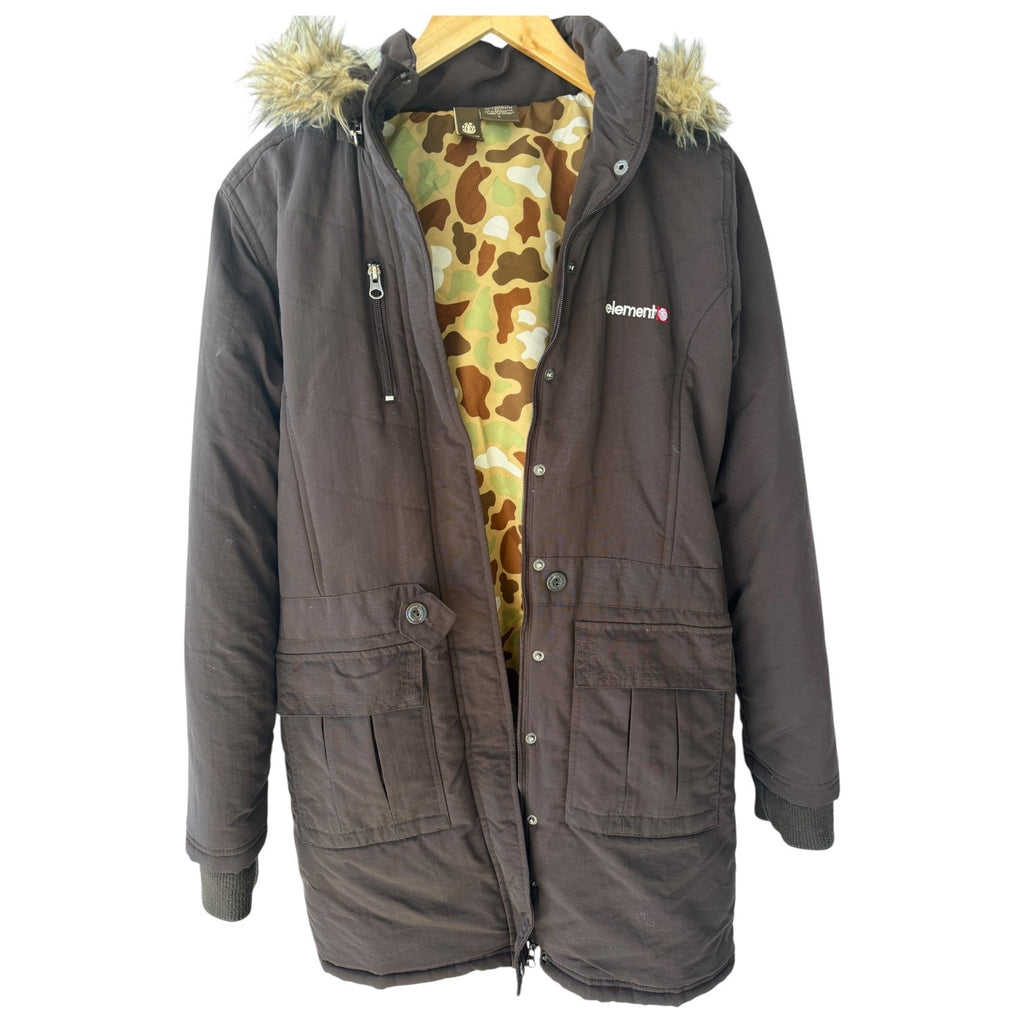 Element Parka Jacket Womens Large Brown Insulated Faux Fur Hood Winter Coat