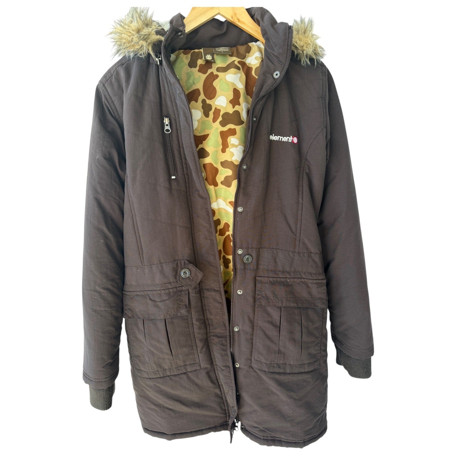 Element Parka Jacket Womens Large Brown Insulated Faux Fur Hood Winter Coat