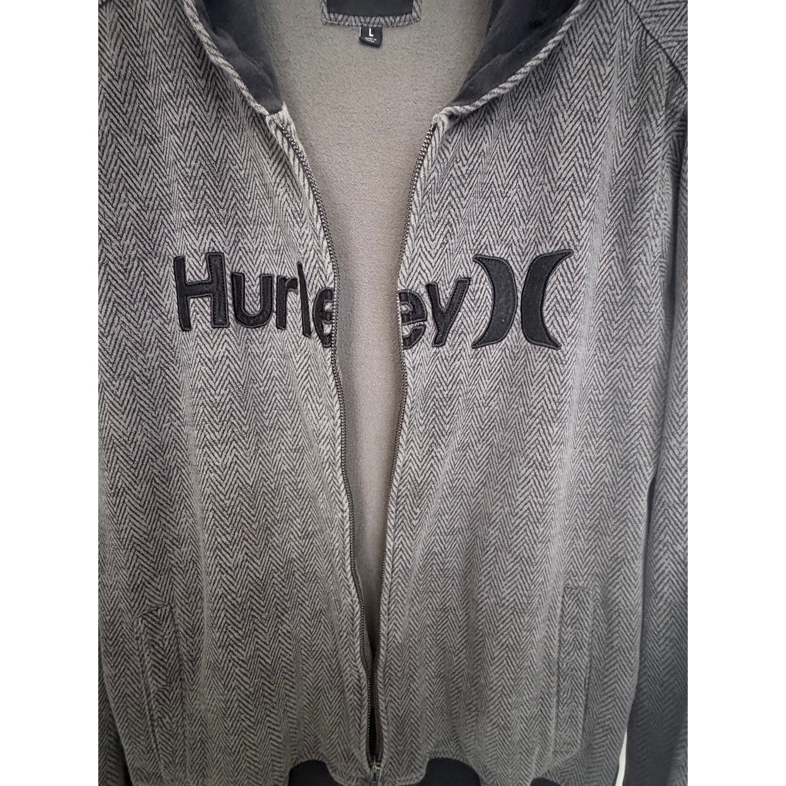 Hurley Mens Full Zip Fleece Jacket Gray Herringbone Logo Large