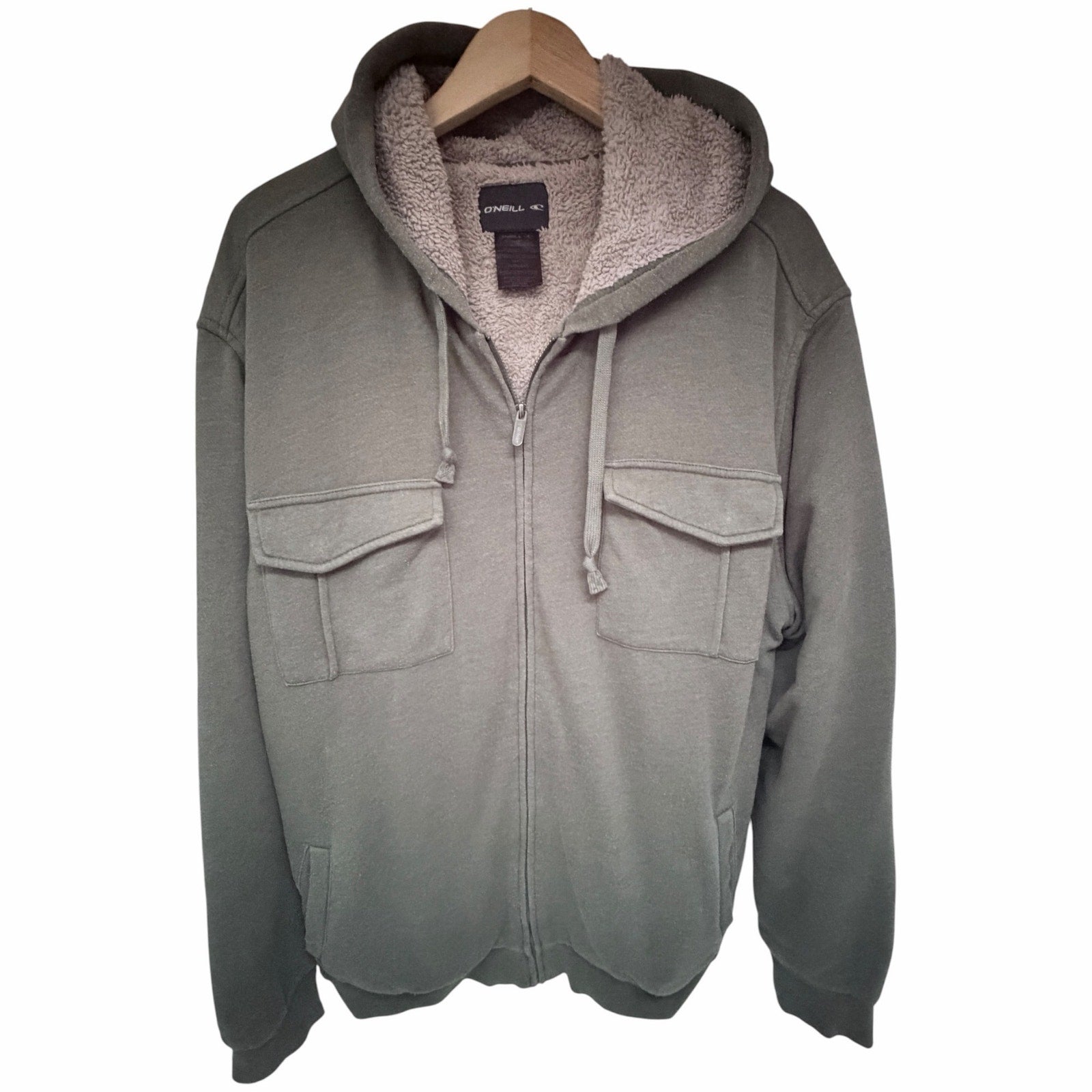 O'Neill Sherpa Lined Zip Hoodie Jacket Men XL Olive Green Full Zip Fleece Hooded