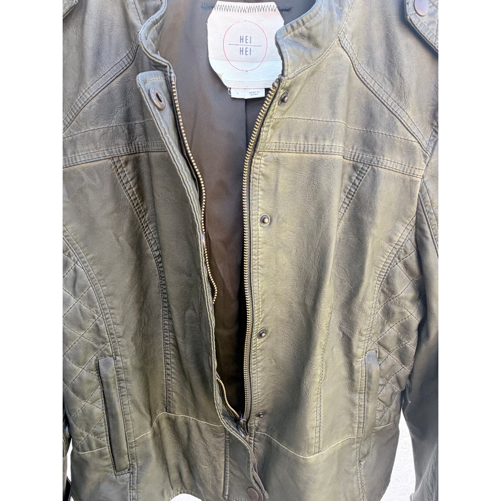 Hei Hei Womens Faux Leather Moto Jacket Olive Green Snap Front