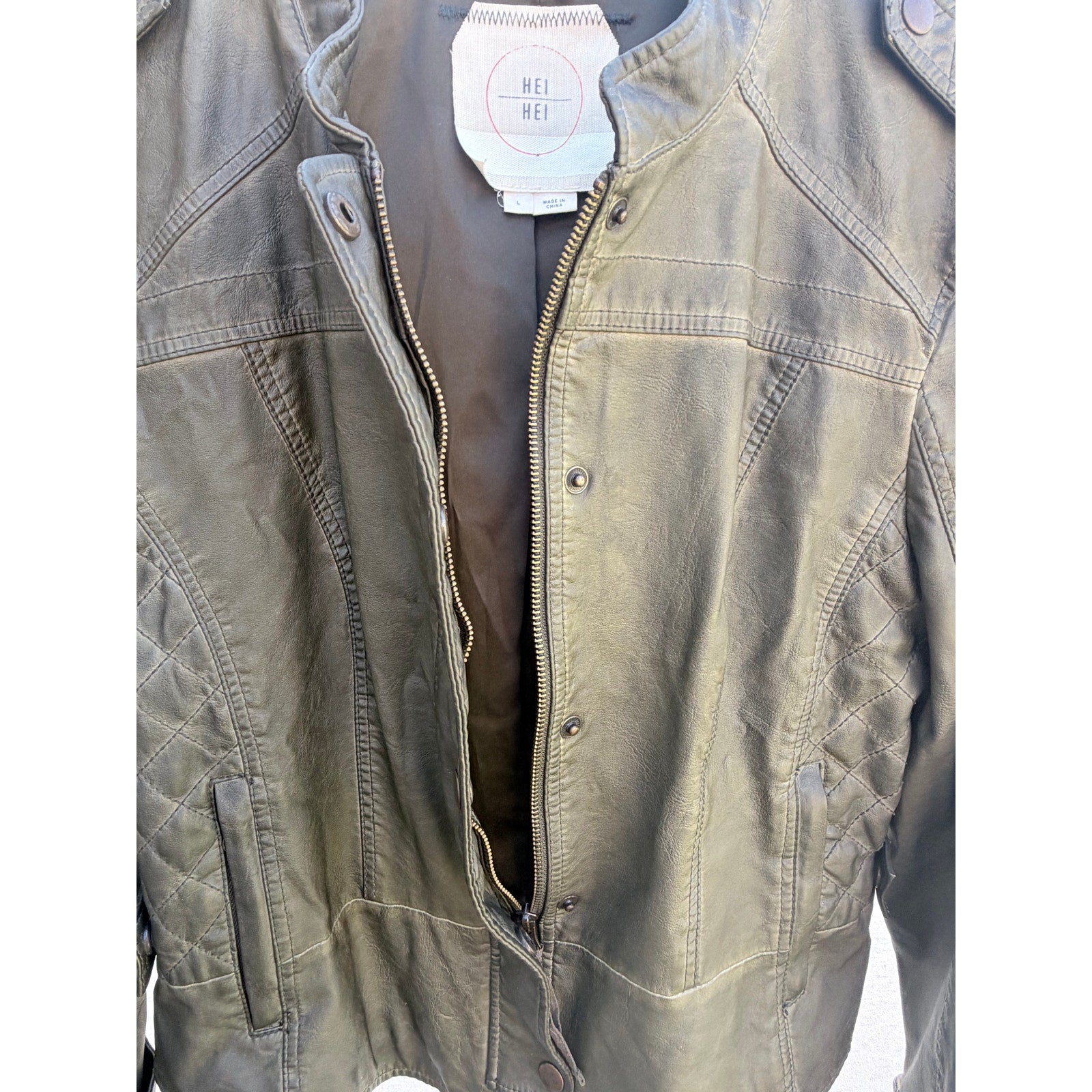 Hei Hei Womens Faux Leather Moto Jacket Olive Green Snap Front