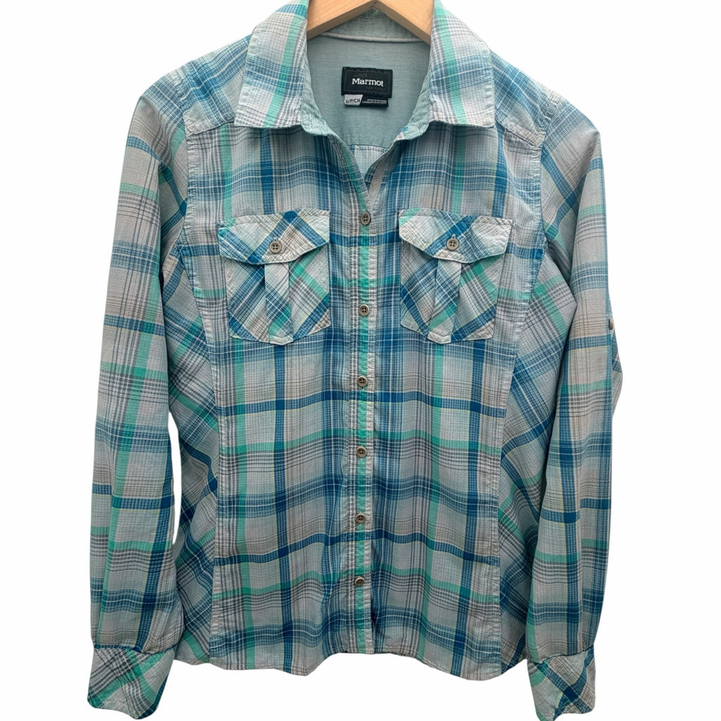 Marmot Plaid Long Sleeve Hiking Shirt Womens Small Blue Green