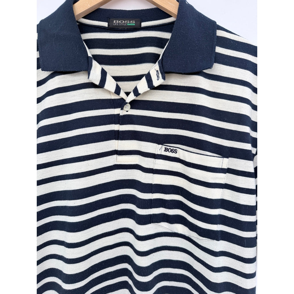 Hugo Boss Lifestyle Striped Polo Shirt Mens Large Navy White Short Sleeve
