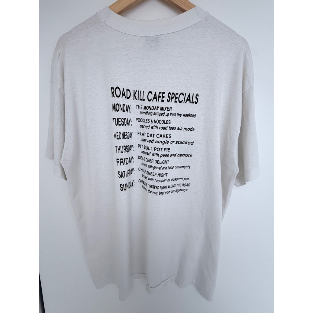Vintage Road Kill Cafe T Shirt Mens XL White Funny Graphic Double Sided USA 90s
