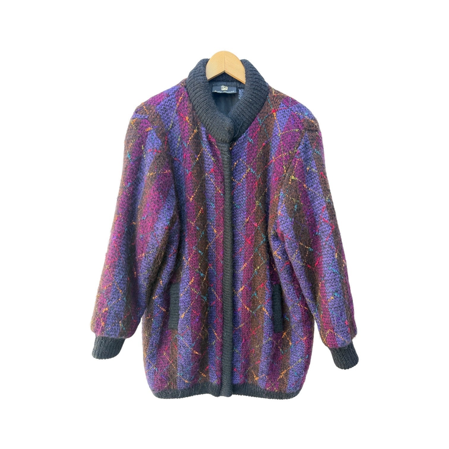 Fully Fashion Mohair Blend Cardigan Womens Medium Argyle Knit Oversized