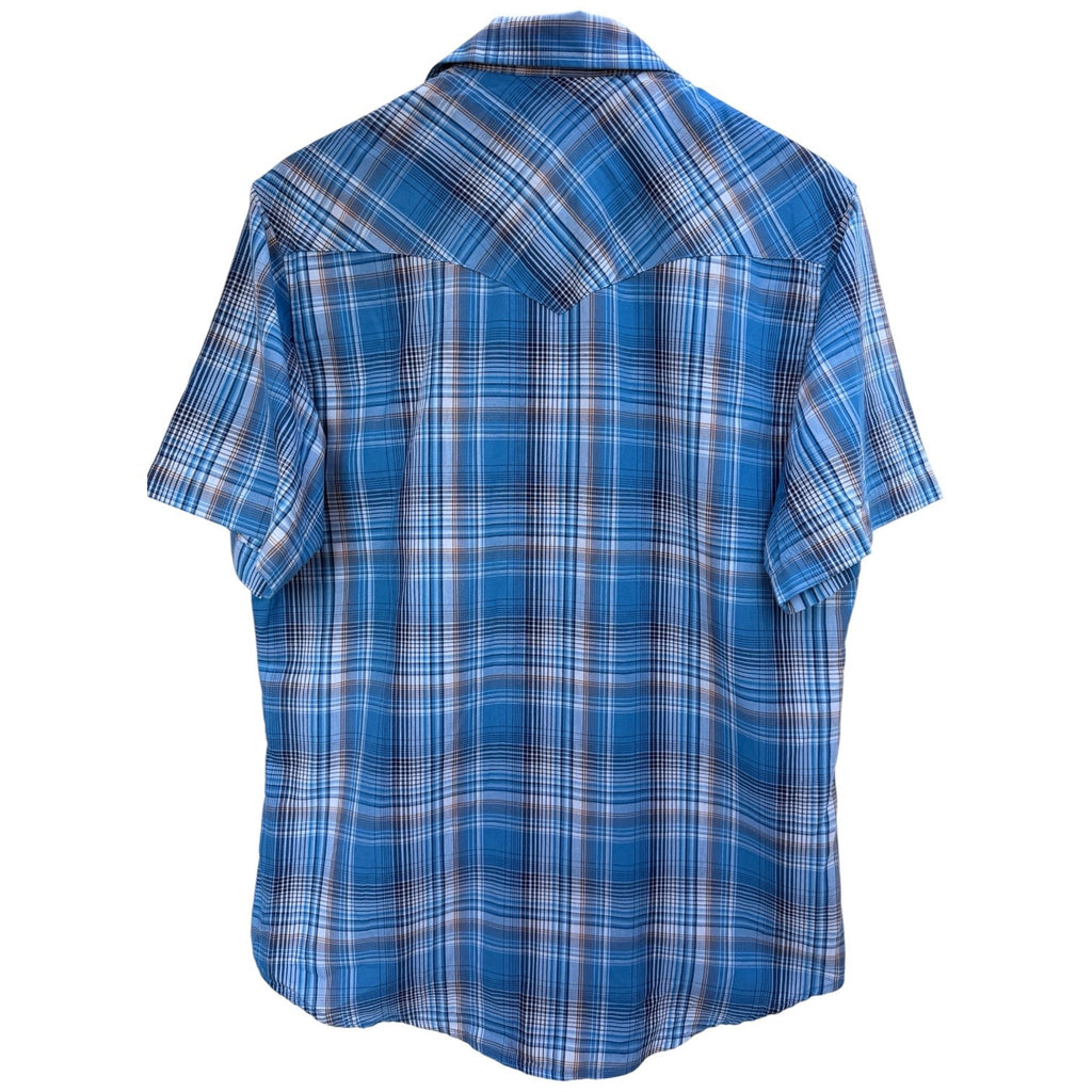 Wrangler Western Snap Button Shirt Mens Medium Blue Plaid Short Sleeve Cowboy