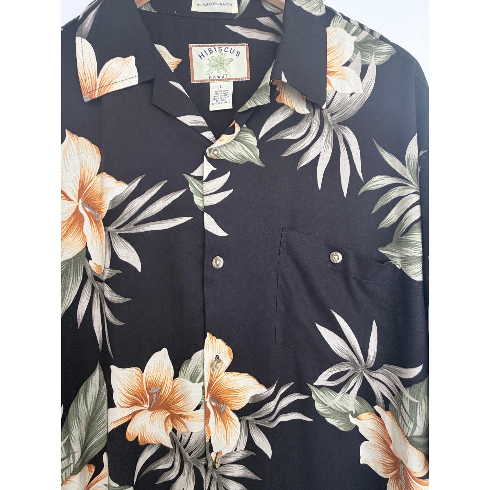 Vintage Hibiscus Hawaii Rayon Hawaiian Shirt Mens Large Black Floral Aloha Camp