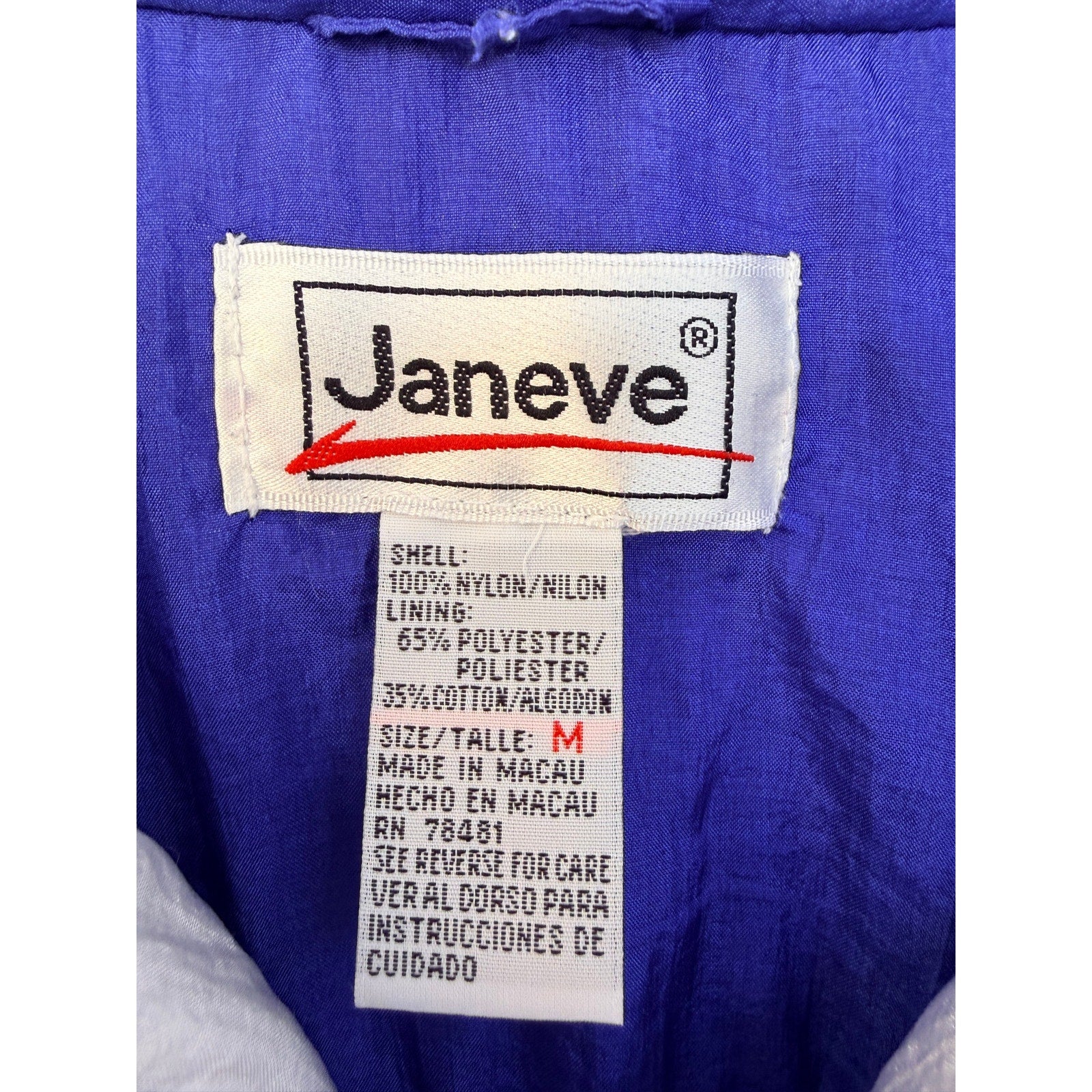 Vintage Janeve Windbreaker Jacket Womens Medium Blue Colorblock 90s Nylon Zip Up