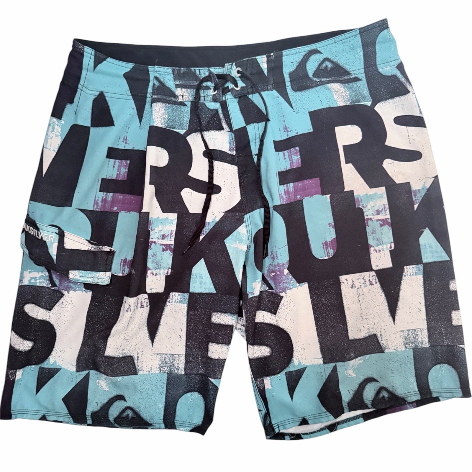 Quiksilver Logo Graphic Board Shorts Mens 40 Blue Black Surf Swim Trunks