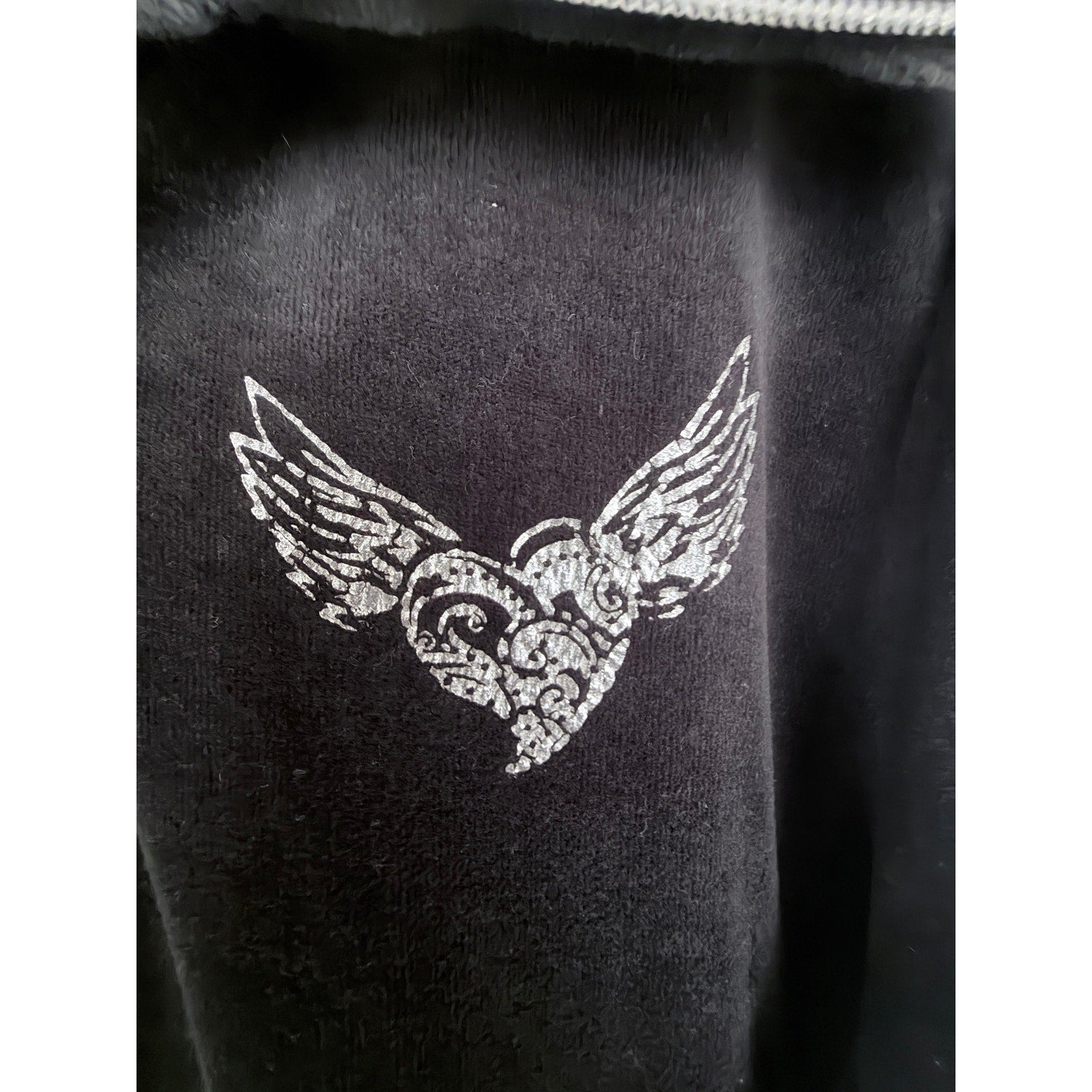 French Laundry Womens 14 16 Black Velour Zip Jacket Embellished Heart Graphic