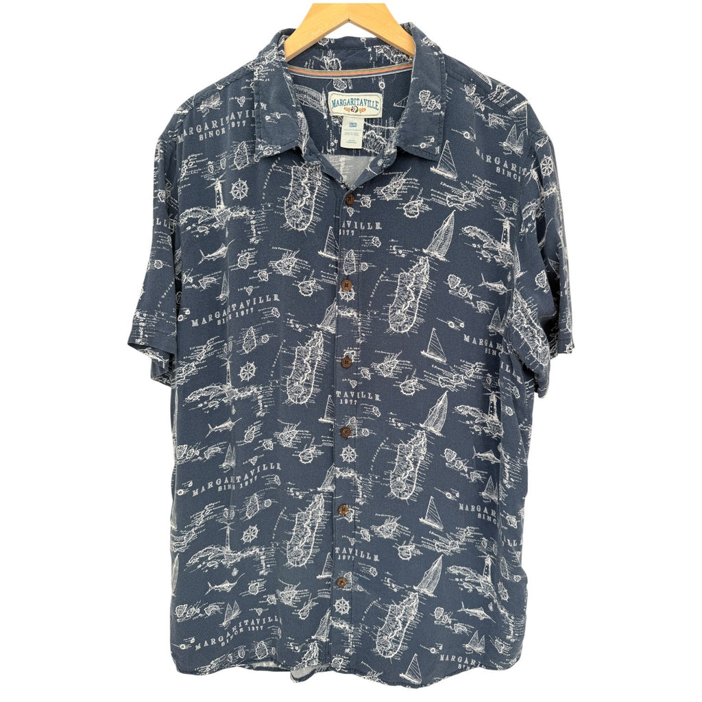 Margaritaville Hawaiian Shirt Mens XL Blue Rayon Tropical Map Print Button Up