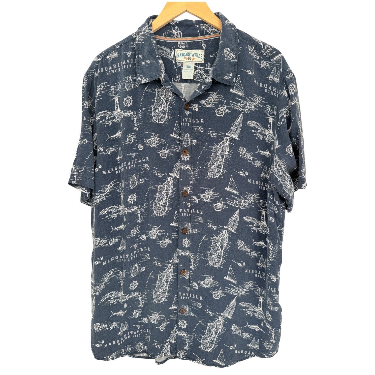 Margaritaville Hawaiian Shirt Mens XL Blue Rayon Tropical Map Print Button Up