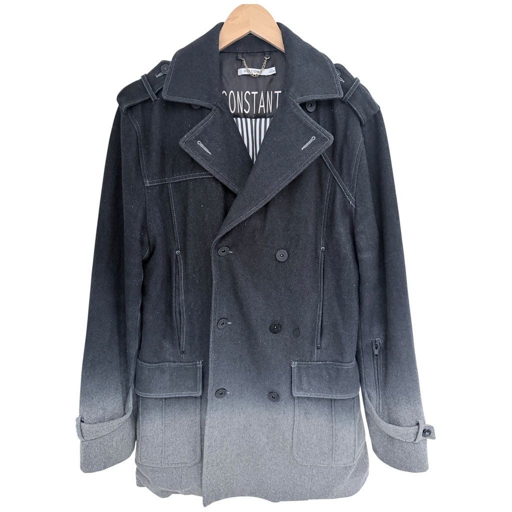 Volcom Peacoat Jacket Mens Medium Gray Ombre Wool Blend Double Breasted Coat