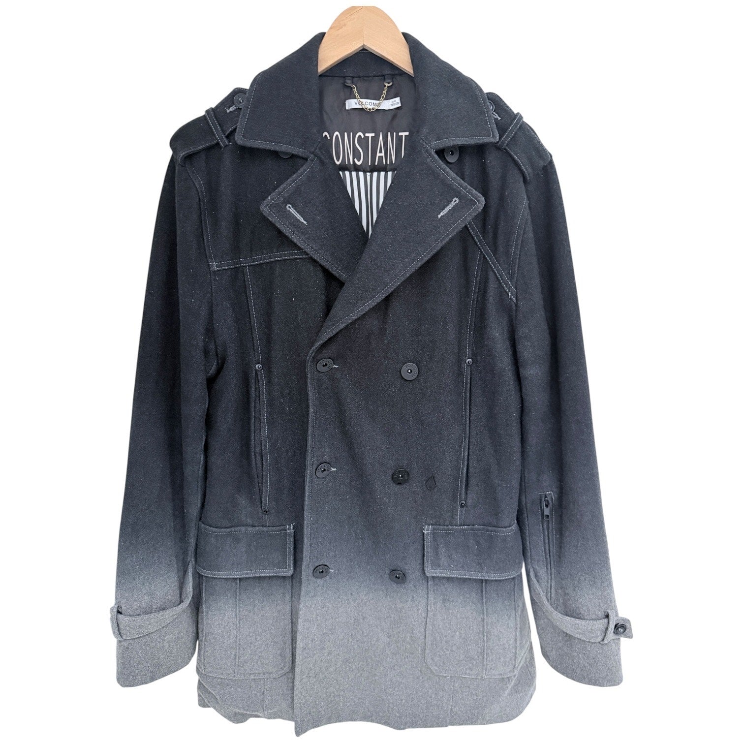 Volcom Peacoat Jacket Mens Medium Gray Ombre Wool Blend Double Breasted Coat