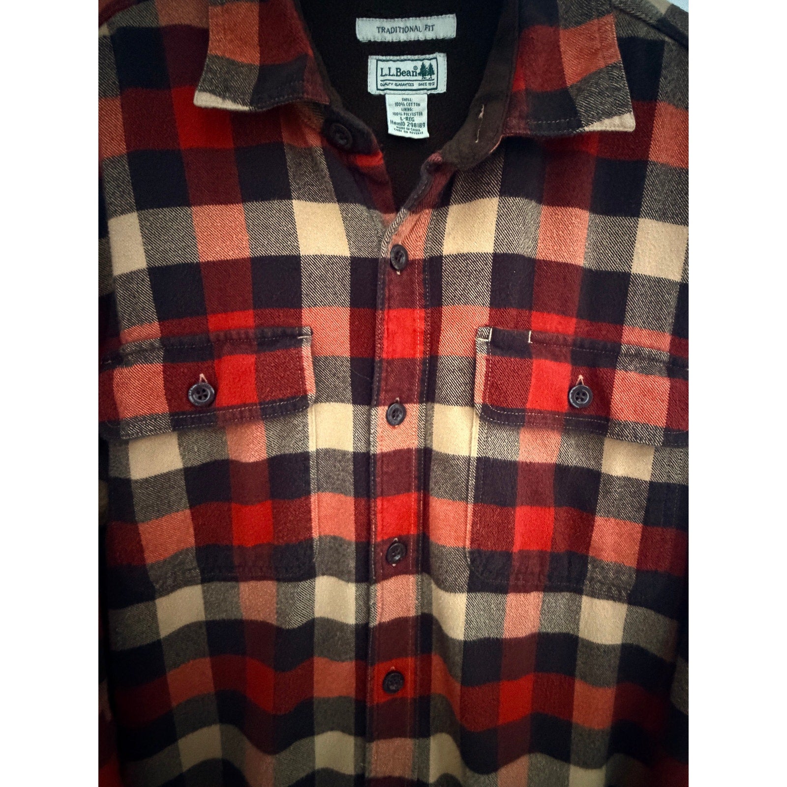 L.L.Bean Men's Red Plaid Fleece-Lined Flannel Shirt Large - product photo 4