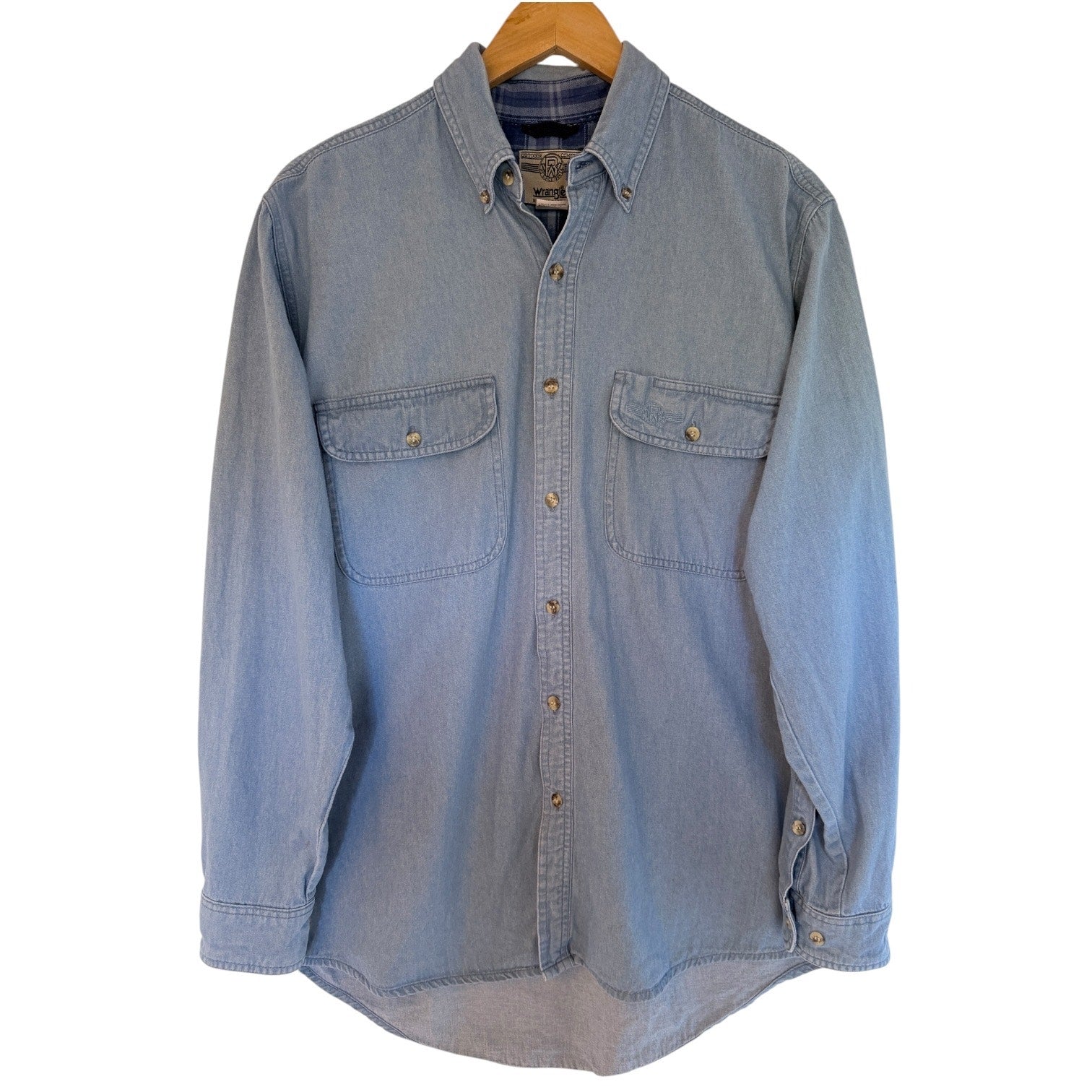 Wrangler Rugged Wear Chambray Button Up Shirt Mens Medium Blue Western Workwear