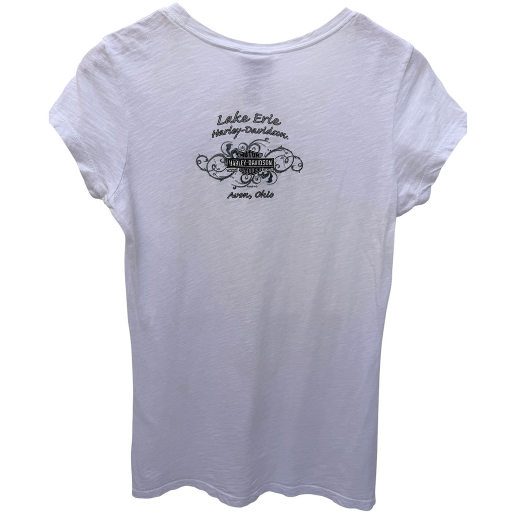 Harley Davidson Womens T Shirt Large White Lake Erie Akron Ohio Graphic Tee