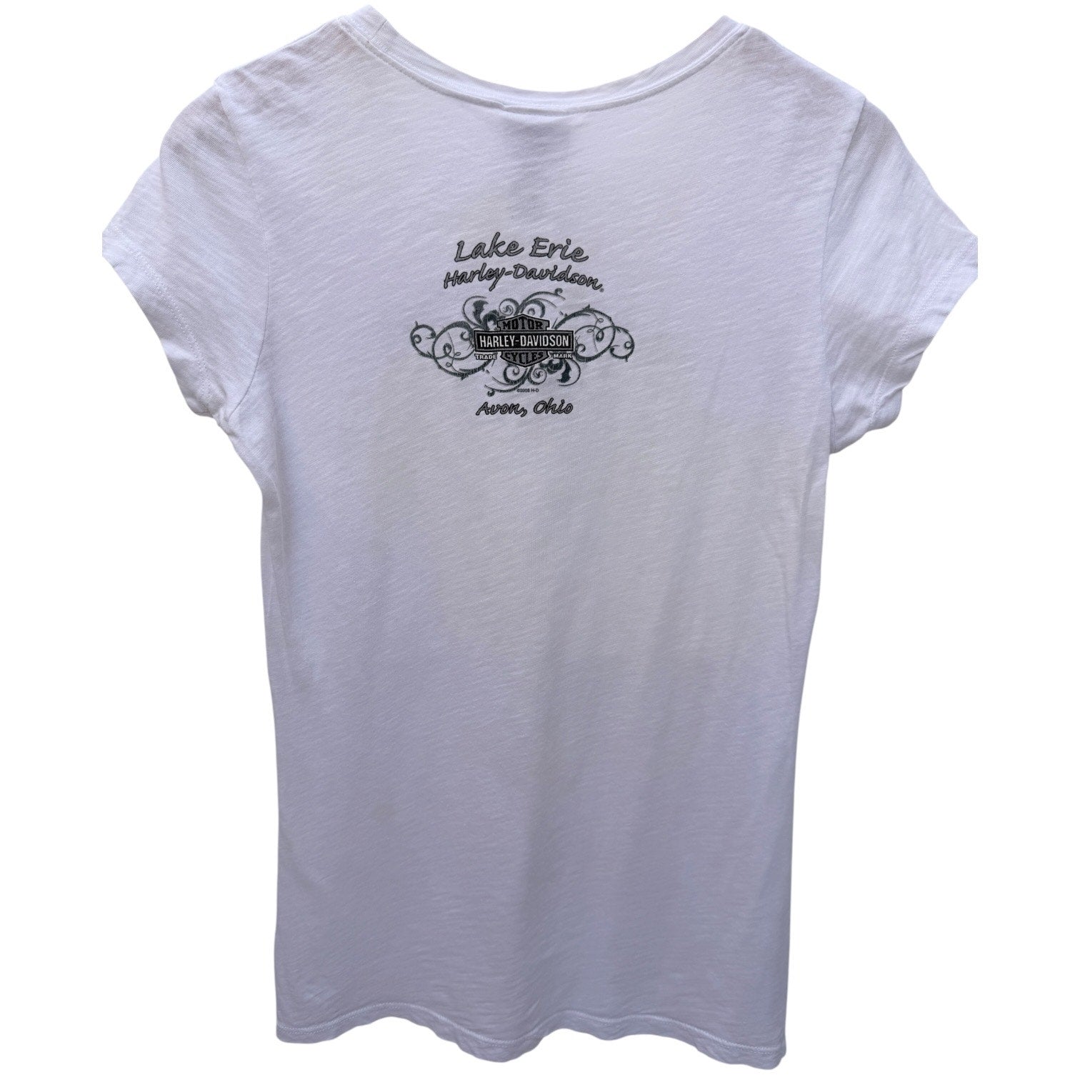 Harley Davidson Womens T Shirt Large White Lake Erie Akron Ohio Graphic Tee
