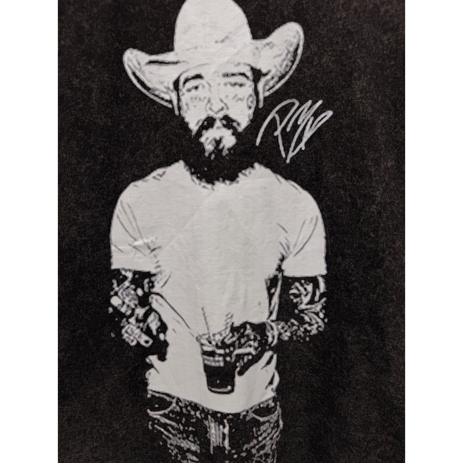 Post Malone Cowboy Portrait T Shirt Mens Large Black Acid Wash Graphic Tee