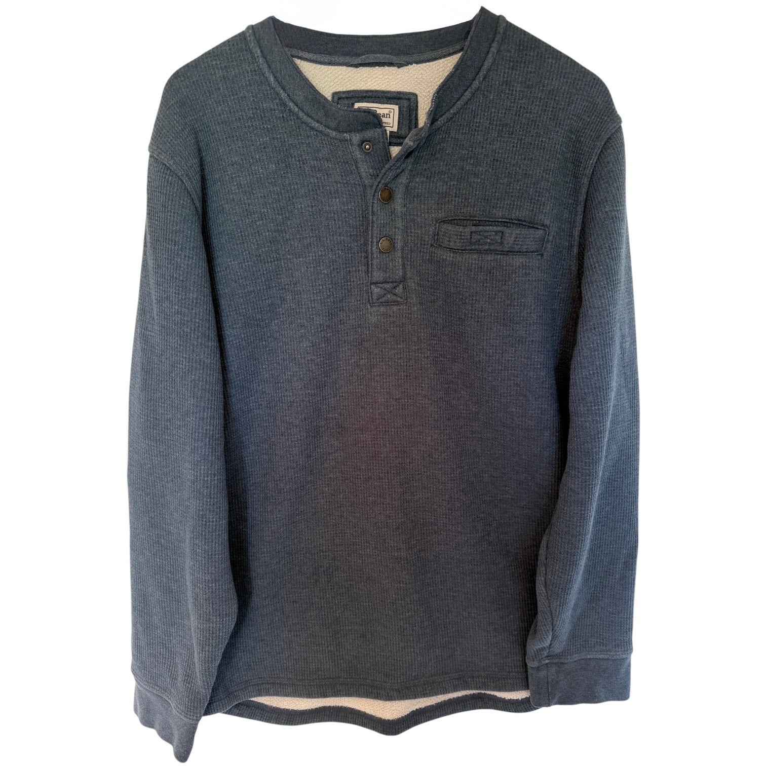 L.L. Bean Waffle Knit Henley Shirt Mens Large Blue Thermal Long Sleeve