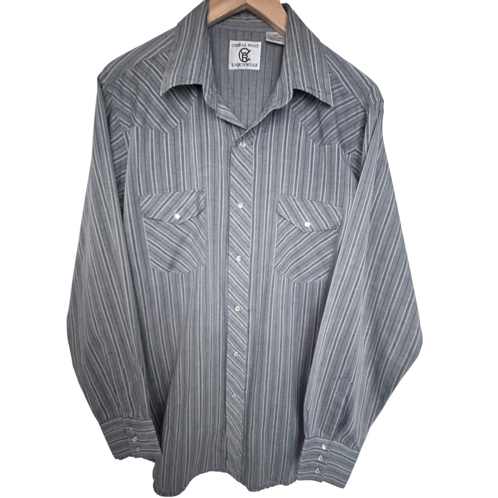 Corral West Ranchwear Striped Pearl Snap Western Shirt Mens LT Gray Cowboy
