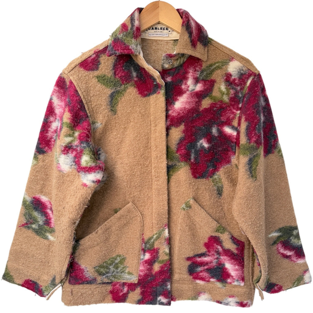 Carleen Anthropologie Womens Jacket XS Floral Wool Blend Snap Front USA Made