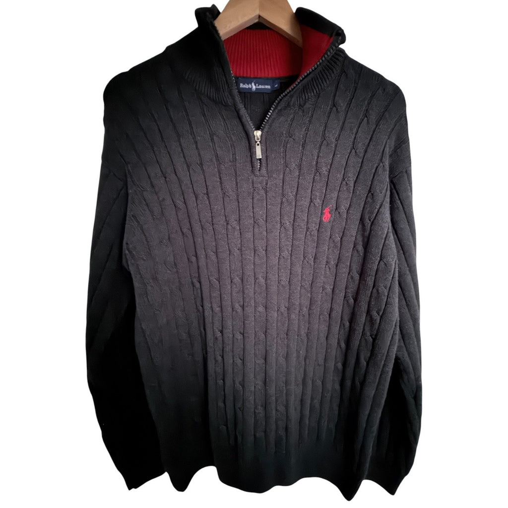 Polo Ralph Lauren Cable Knit Quarter Zip Sweater Mens Large Black Red Pony