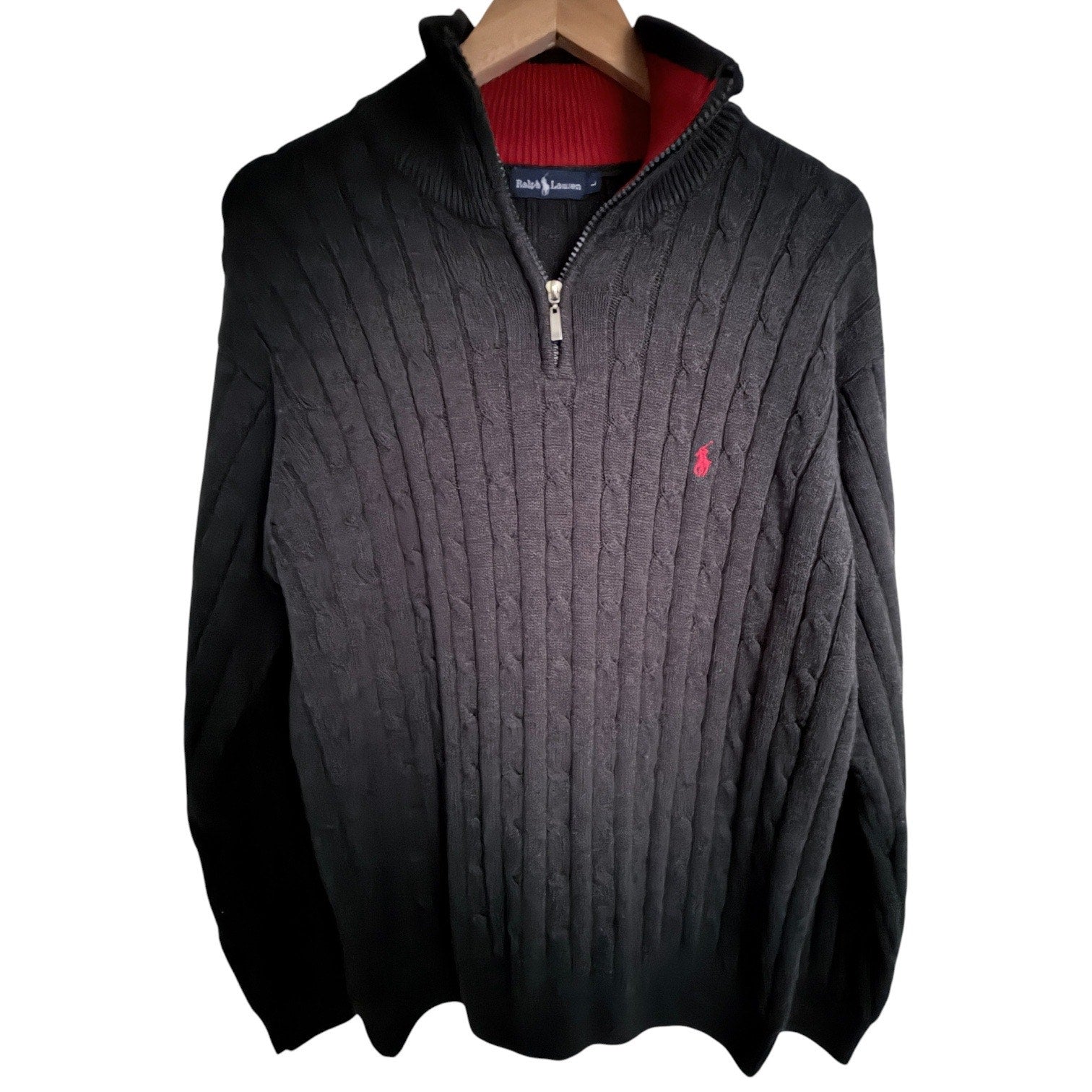 Polo Ralph Lauren Cable Knit Quarter Zip Sweater Mens Large Black Red Pony