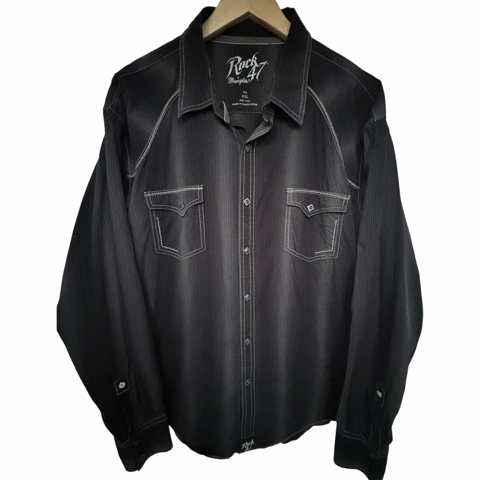 Wrangler Rock 47 Men's Black Western Snap Shirt XXL Pinstripe Long Sleeve