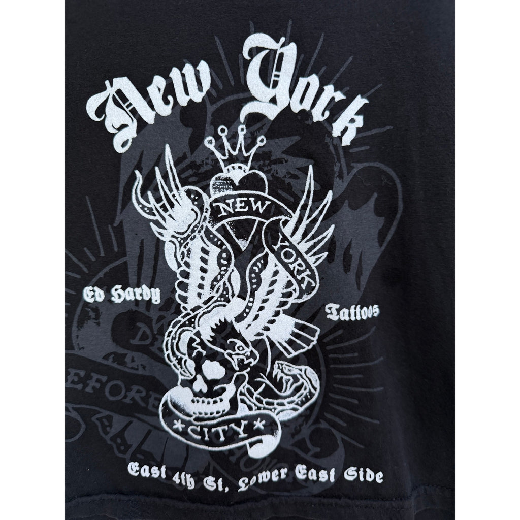 Ed Hardy New York Graphic Cropped T Shirt Womens Large Black Tattoo Style