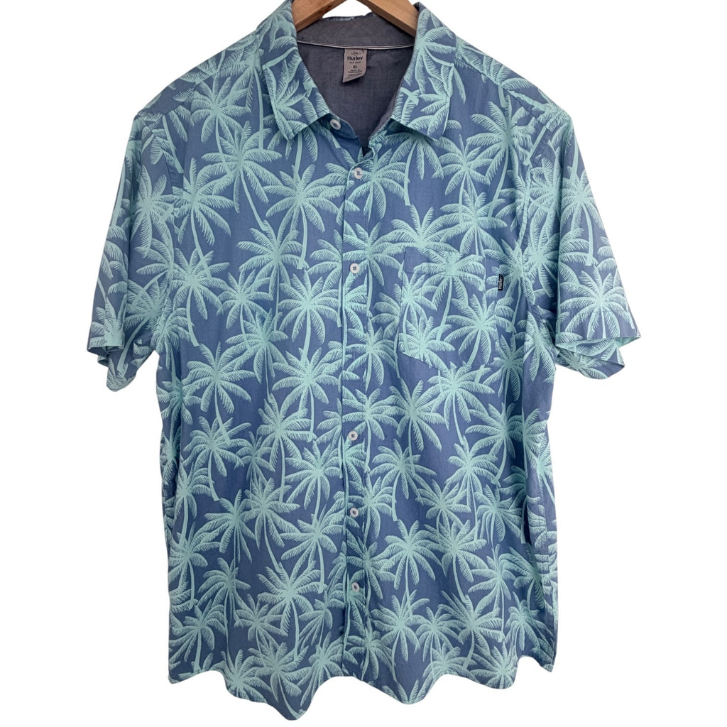 Hurley Hawaiian Shirt Mens XL Blue Palm Tree Tropical Button Up Beach Camp