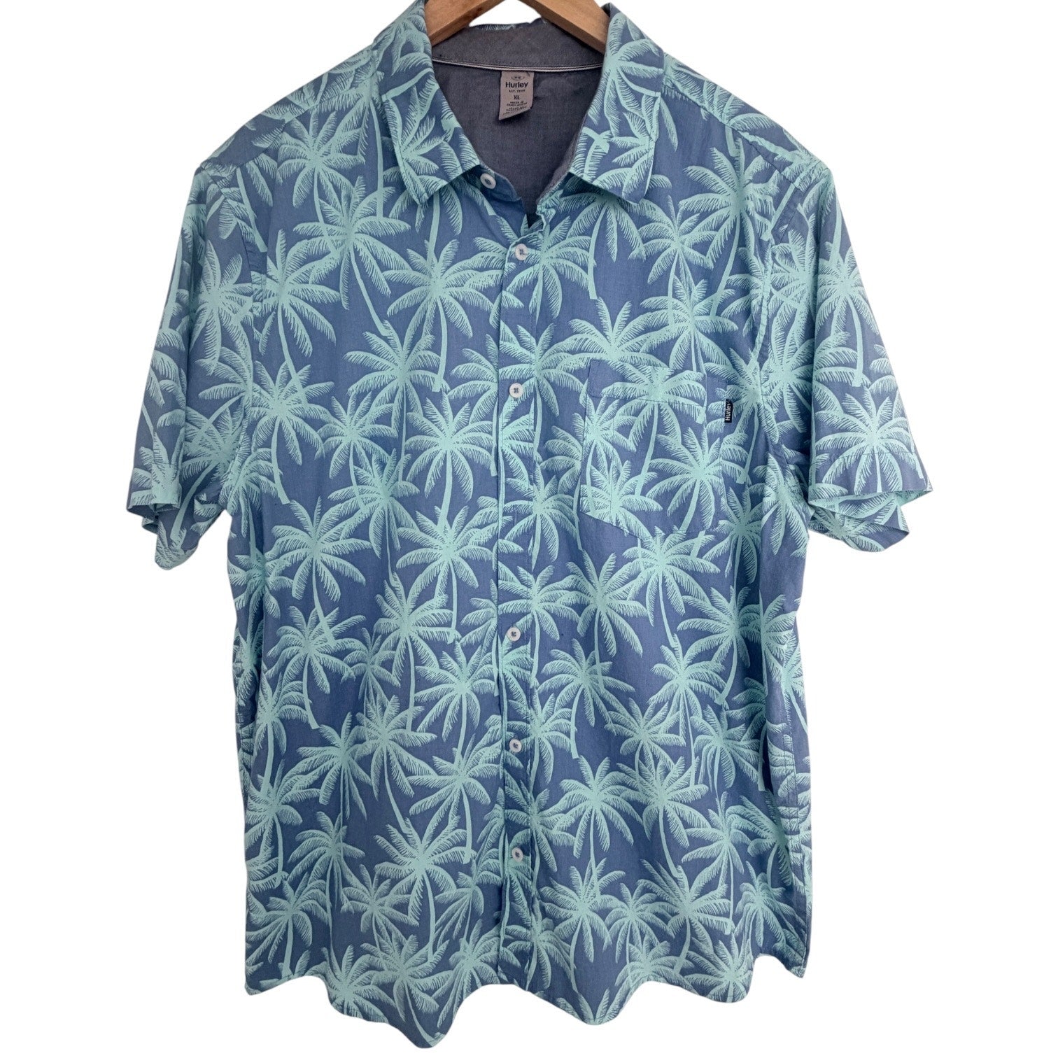 Hurley Hawaiian Shirt Mens XL Blue Palm Tree Tropical Button Up Beach Camp