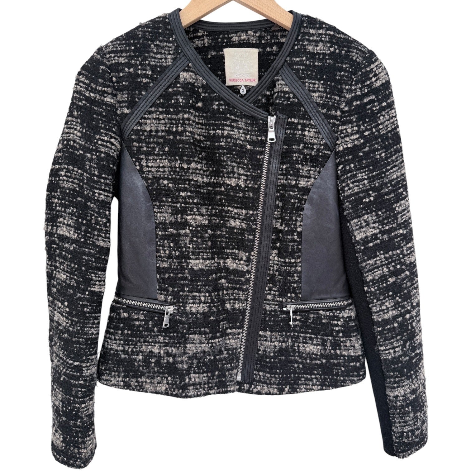 Rebecca Taylor Tweed Moto Jacket Womens 6 Black White Zip Up