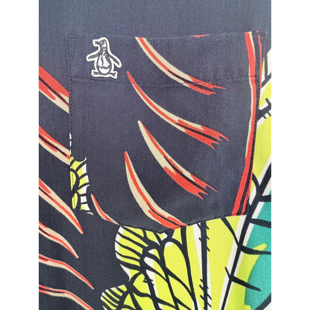 Original Penguin Munsingwear Hawaiian Shirt Mens M Navy Tropical Leaf Collar