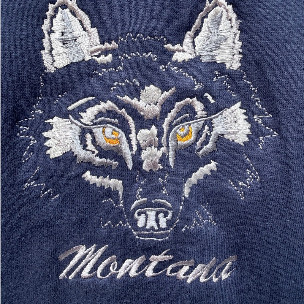 Montana Wolf Graphic T Shirt Mens Large Blue H.I Miller Gold Made USA Tee