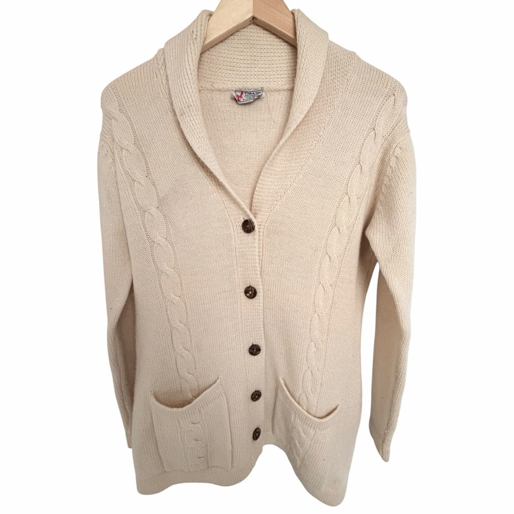 Crazy Horse 100% Wool Shawl Collar Cable Knit Cardigan Sweater Women's M Ivory