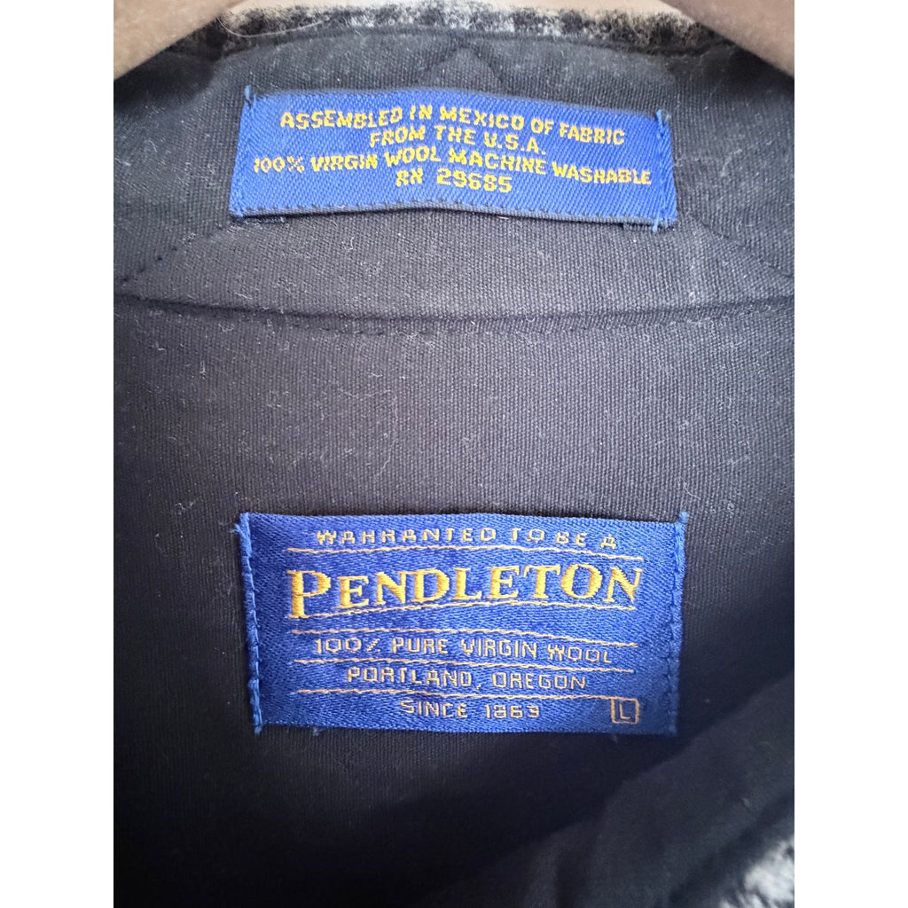 Pendleton Wool Button Front Shirt Mens Large Gray Black Check Long Sleeve