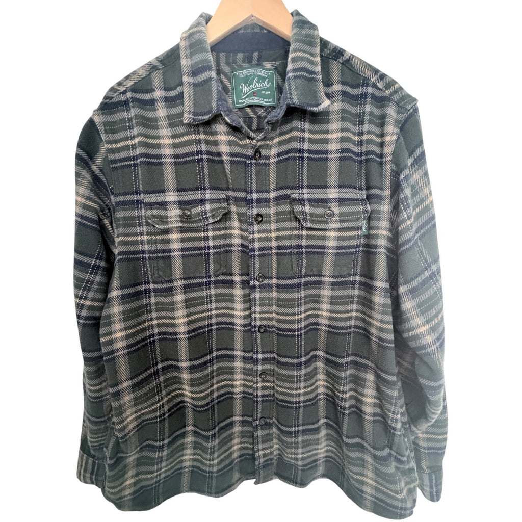 Woolrich Plaid Flannel Shirt Jacket Mens XL Green Button Front Wool Blend
