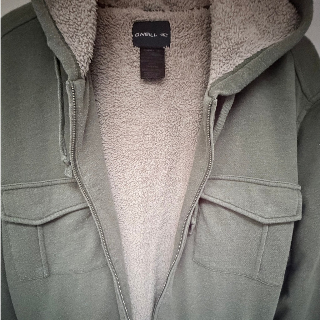O'Neill Sherpa Lined Zip Hoodie Jacket Men XL Olive Green Full Zip Fleece Hooded